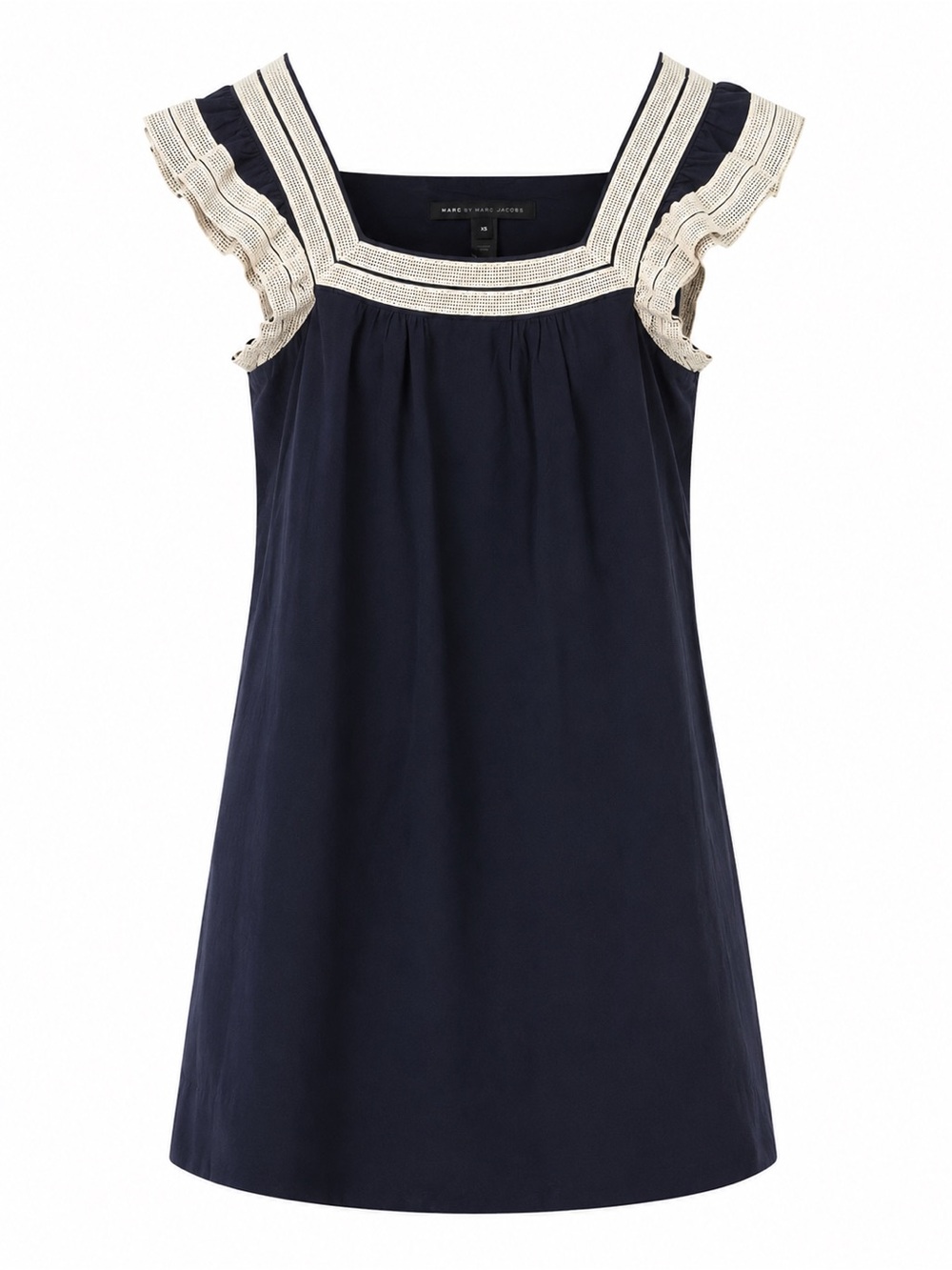Marc By Marc Jacobs Navy Blue Cotton Sleeveless Dress With Beige Trim XS